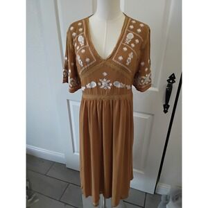 In Loom Embroidered Midi Dress Bohemian Tan V Neck Short Sleeve Smocked Waist L